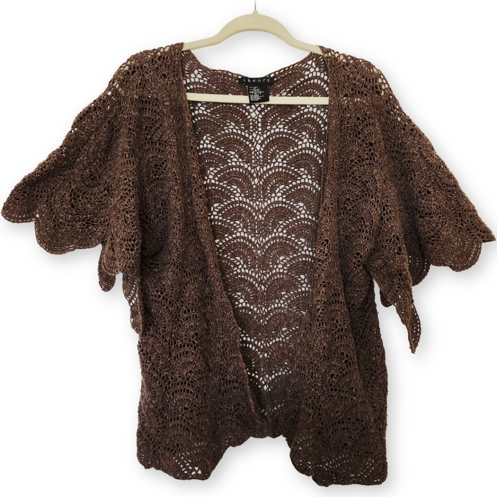 Theory Brown Linen Blend Crochet Open Knit Cardigan XS Short Sleeve Boho Coastal